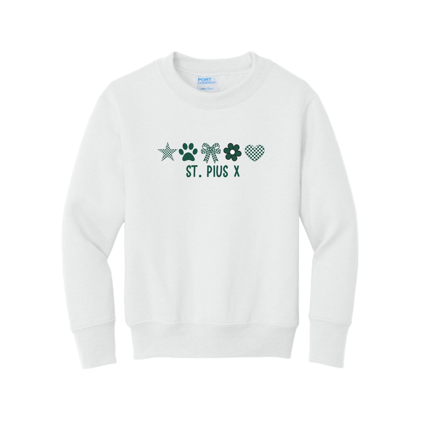 A white crewneck sweatshirt featuring a St. Pius X themed graphic on the chest with dark green paw prints, flowers, and a heart, and the text 'ST. PIUS X'
