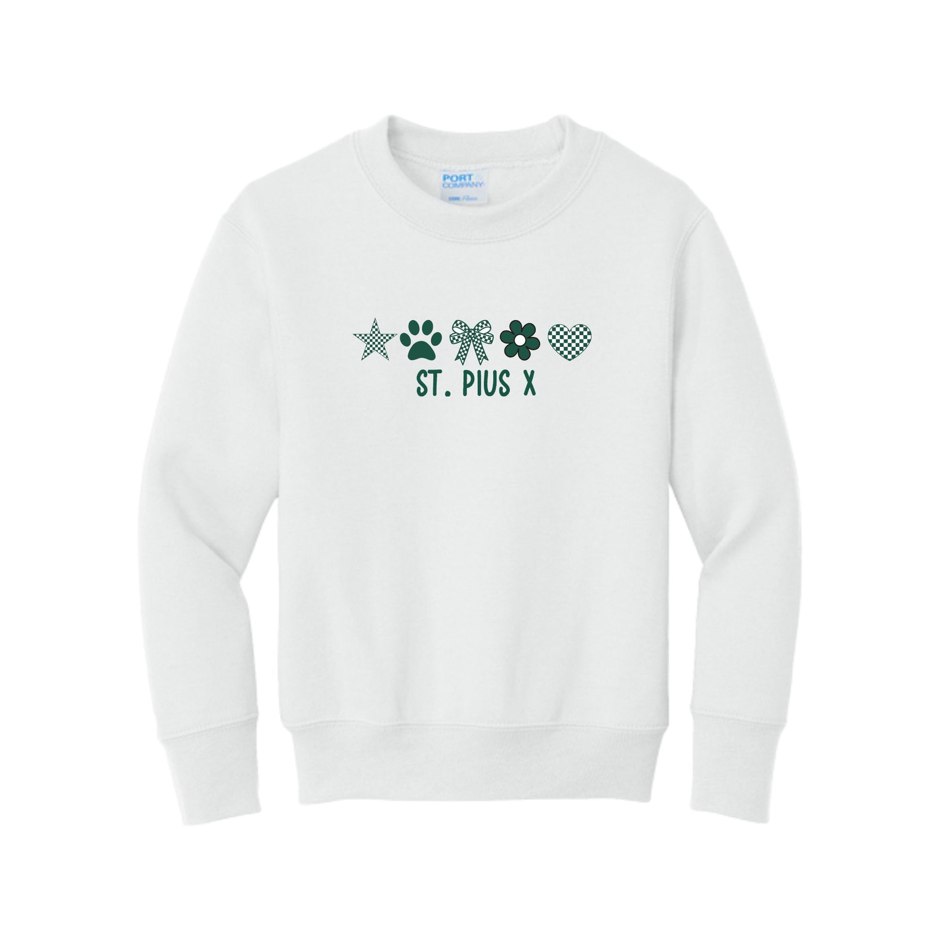 A white crewneck sweatshirt featuring a St. Pius X themed graphic on the chest with dark green paw prints, flowers, and a heart, and the text 'ST. PIUS X'