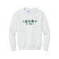 A white crewneck sweatshirt featuring a St. Pius X themed graphic on the chest with dark green paw prints, flowers, and a heart, and the text 'ST. PIUS X'