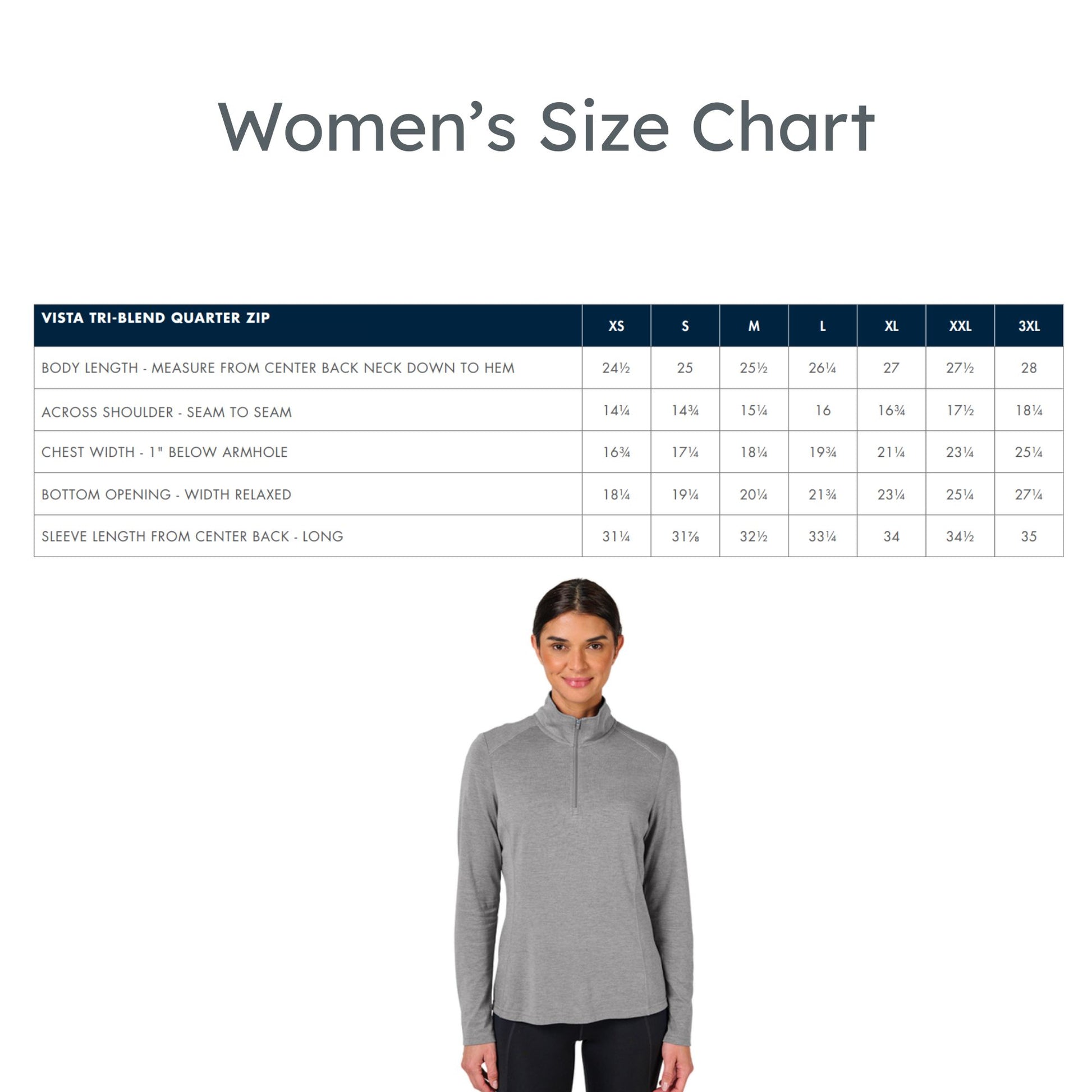 Size chart for women's Vista Tri-Blend Quarter Zip pullover with a model wearing the pullover.
