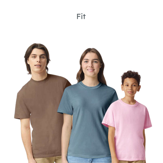 man, woman, and boy wearing comfort colors t-shirts