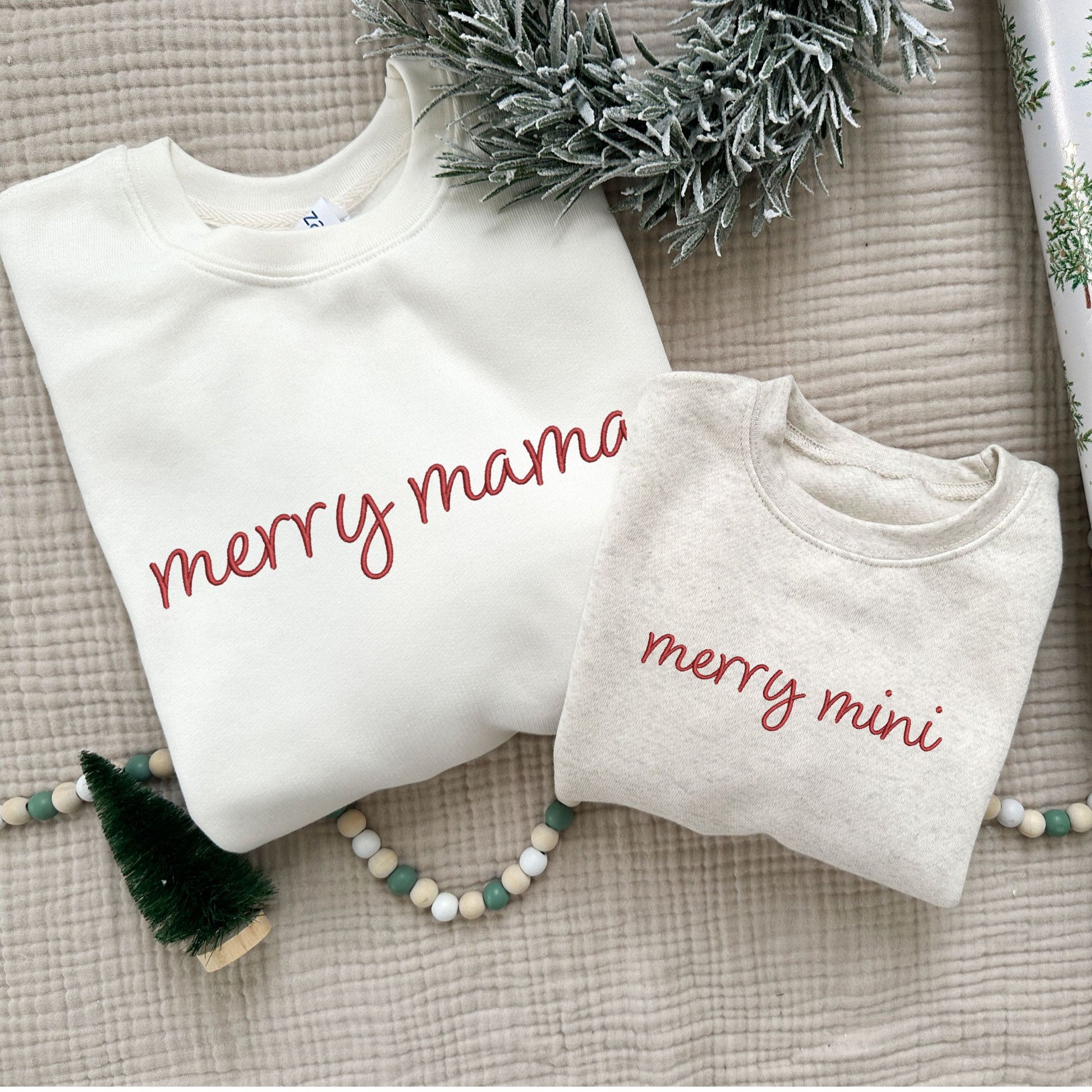 matching merry mama and merry mini embroidered  crewneck sweatshirts