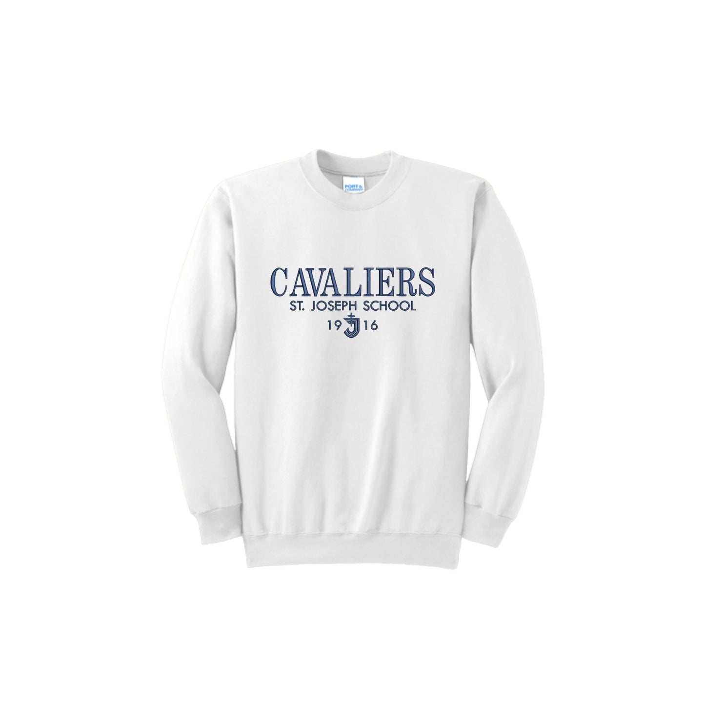 White sweatshirt with 'Cavaliers St. Joseph School 1916' text on a white background