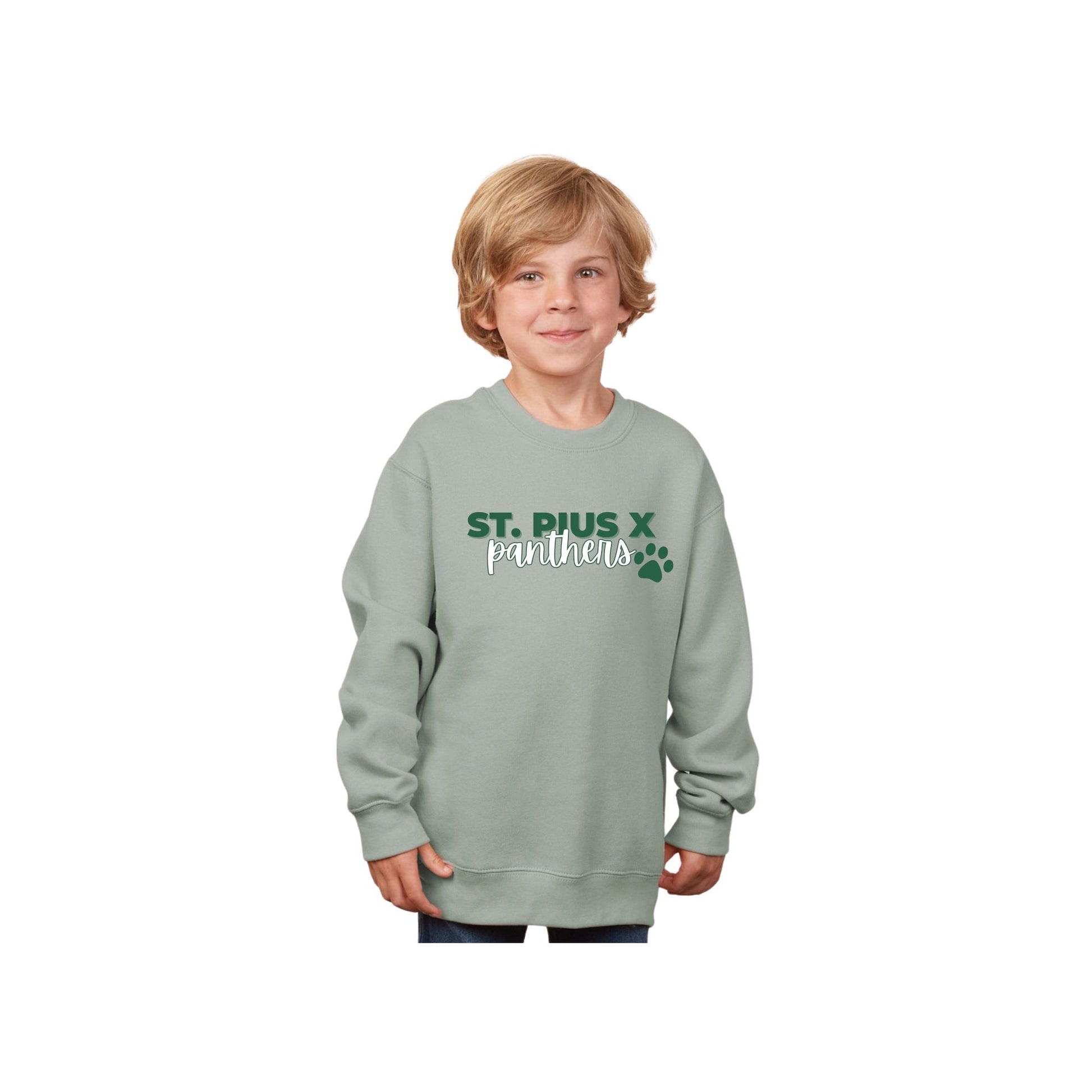 Child wearing a light gray sweatshirt with 'St. Pius X Panthers' text on a white background