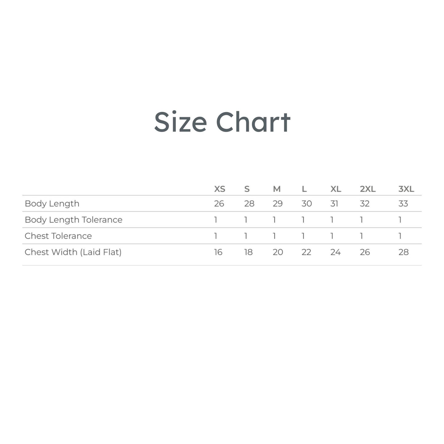 Size chart for clothing with measurements in centimeters