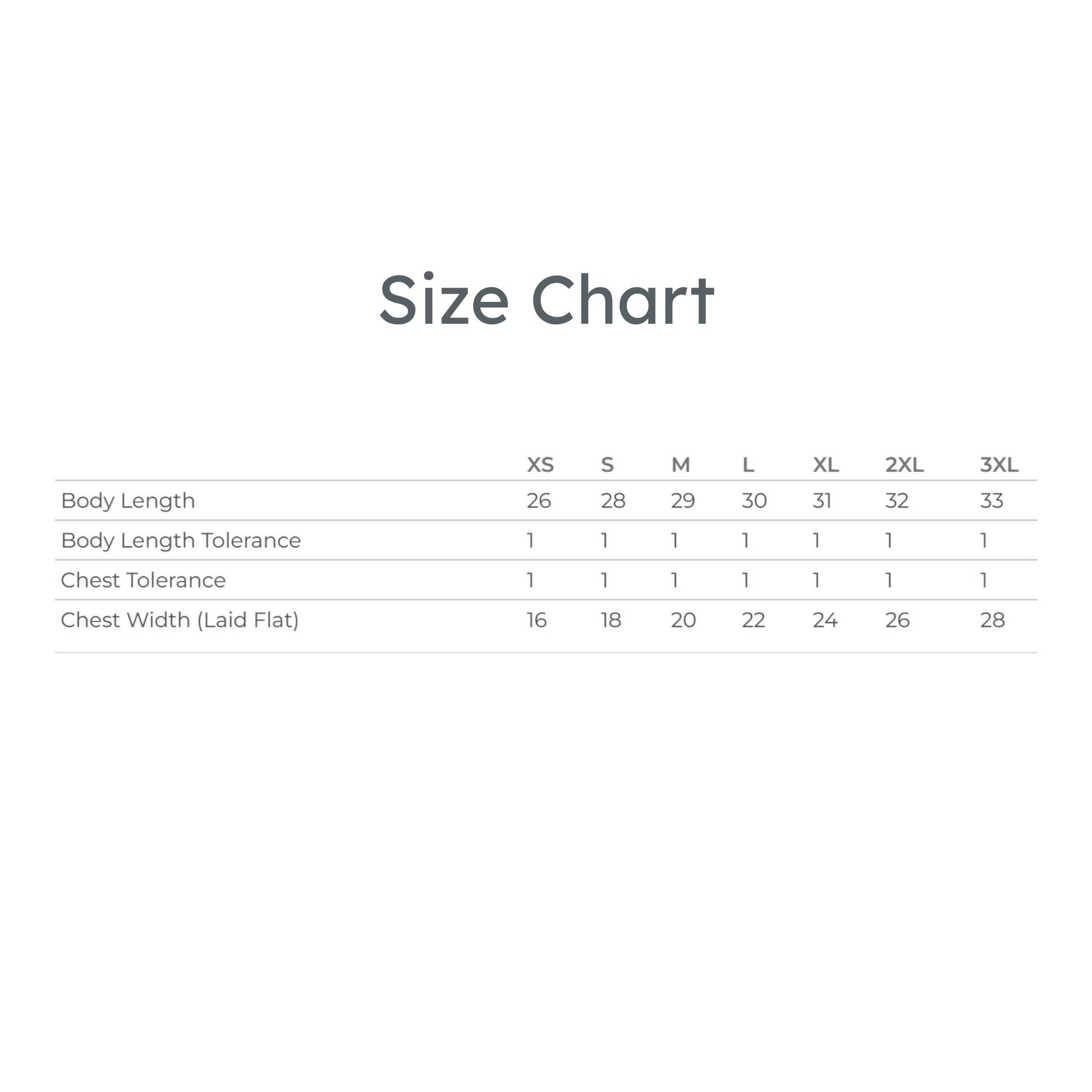 Size chart for clothing with measurements in centimeters