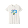 An off-white short-sleeve crewneck t-shirt featuring a graphic print on the front that reads 'Our Lady of Victory CHEER' in blue and yellow, with a matching blue and yellow cheer ribbon below.