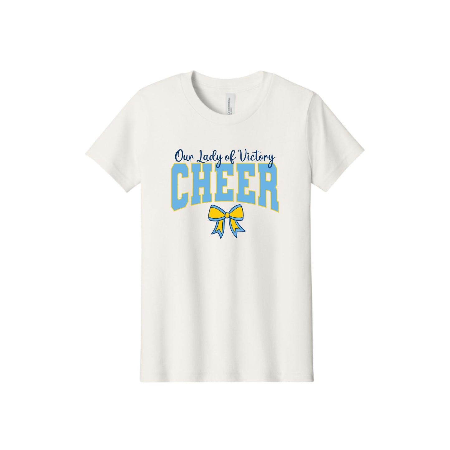 An off-white short-sleeve crewneck t-shirt featuring a graphic print on the front that reads 'Our Lady of Victory CHEER' in blue and yellow, with a matching blue and yellow cheer ribbon below.
