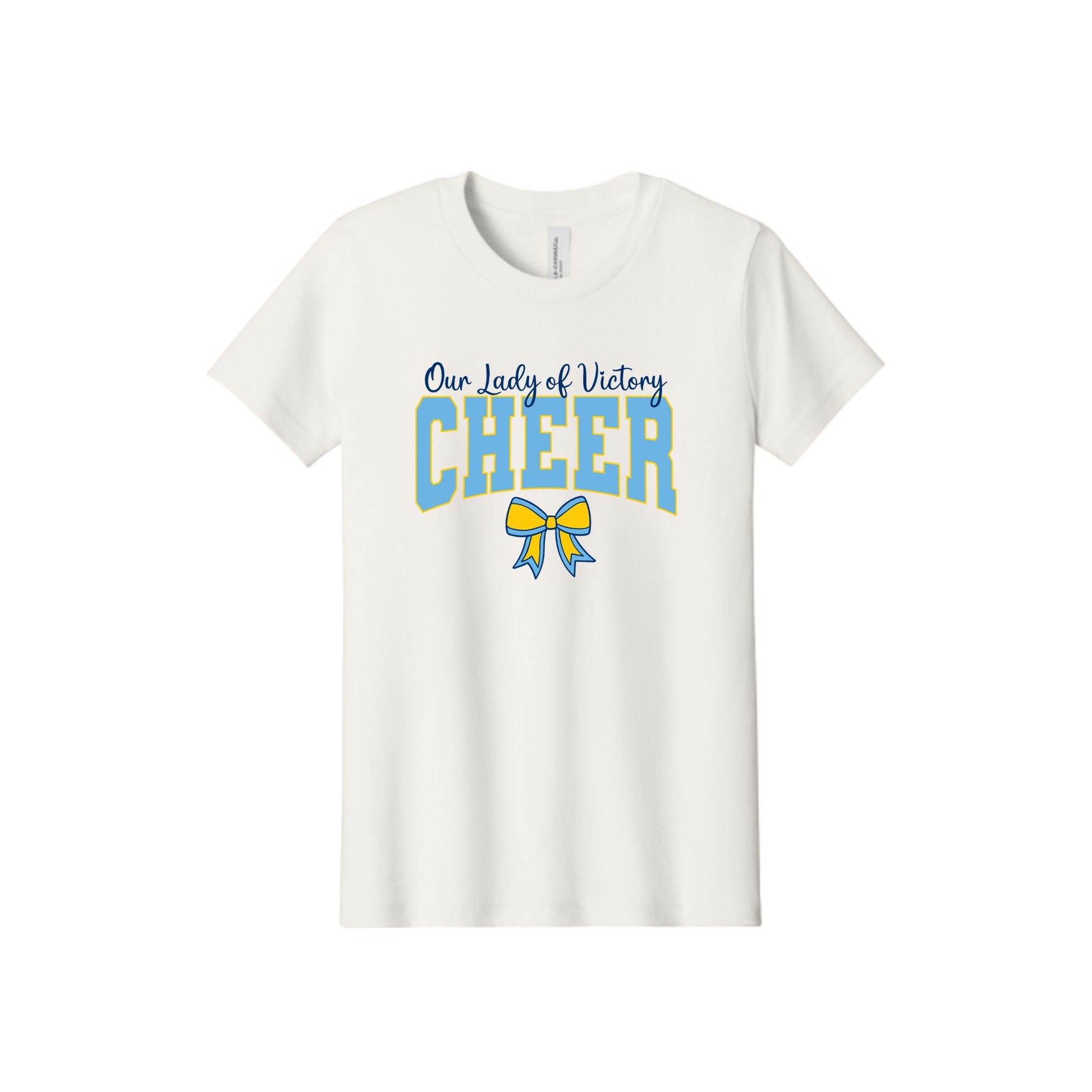 An off-white short-sleeve crewneck t-shirt featuring a graphic print on the front that reads 'Our Lady of Victory CHEER' in blue and yellow, with a matching blue and yellow cheer ribbon below.