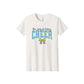An off-white short-sleeve crewneck t-shirt featuring a graphic print on the front that reads 'Our Lady of Victory CHEER' in blue and yellow, with a matching blue and yellow cheer ribbon below.