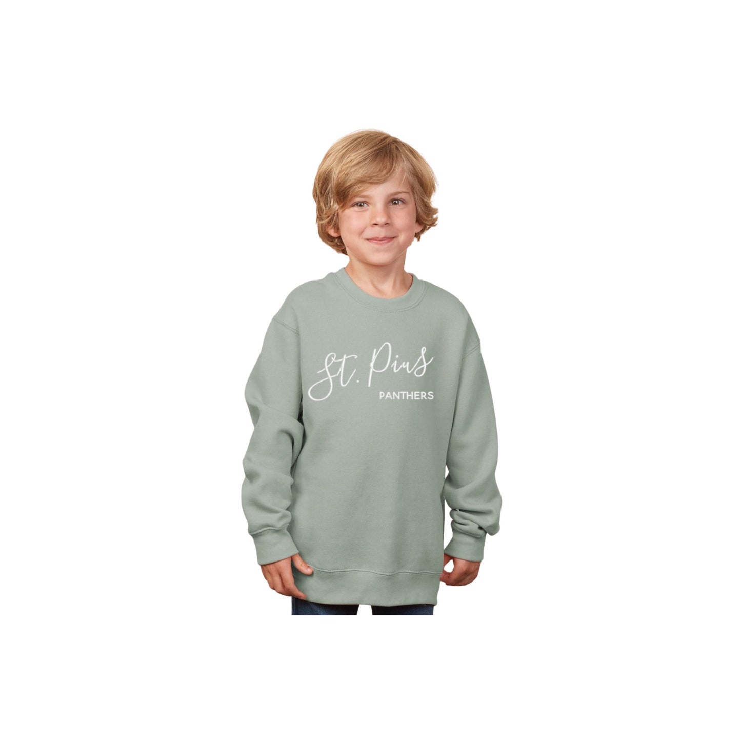 Child wearing a light green sweatshirt with 'St. Pete's Panthers' text on a white background