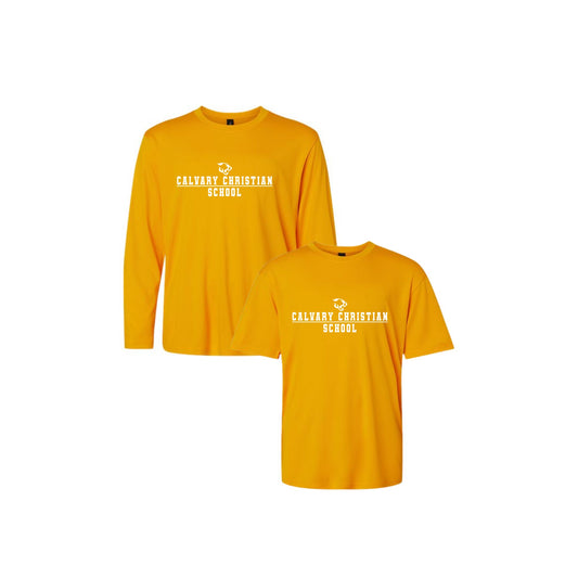 gold long and short sleeve performance shirt with a custom cougar icon calvary christian school printed design in white ink on the center chest