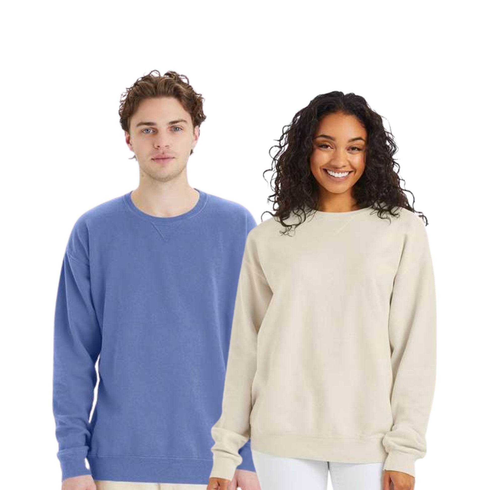 Two people wearing blue and beige sweatshirts on a white background