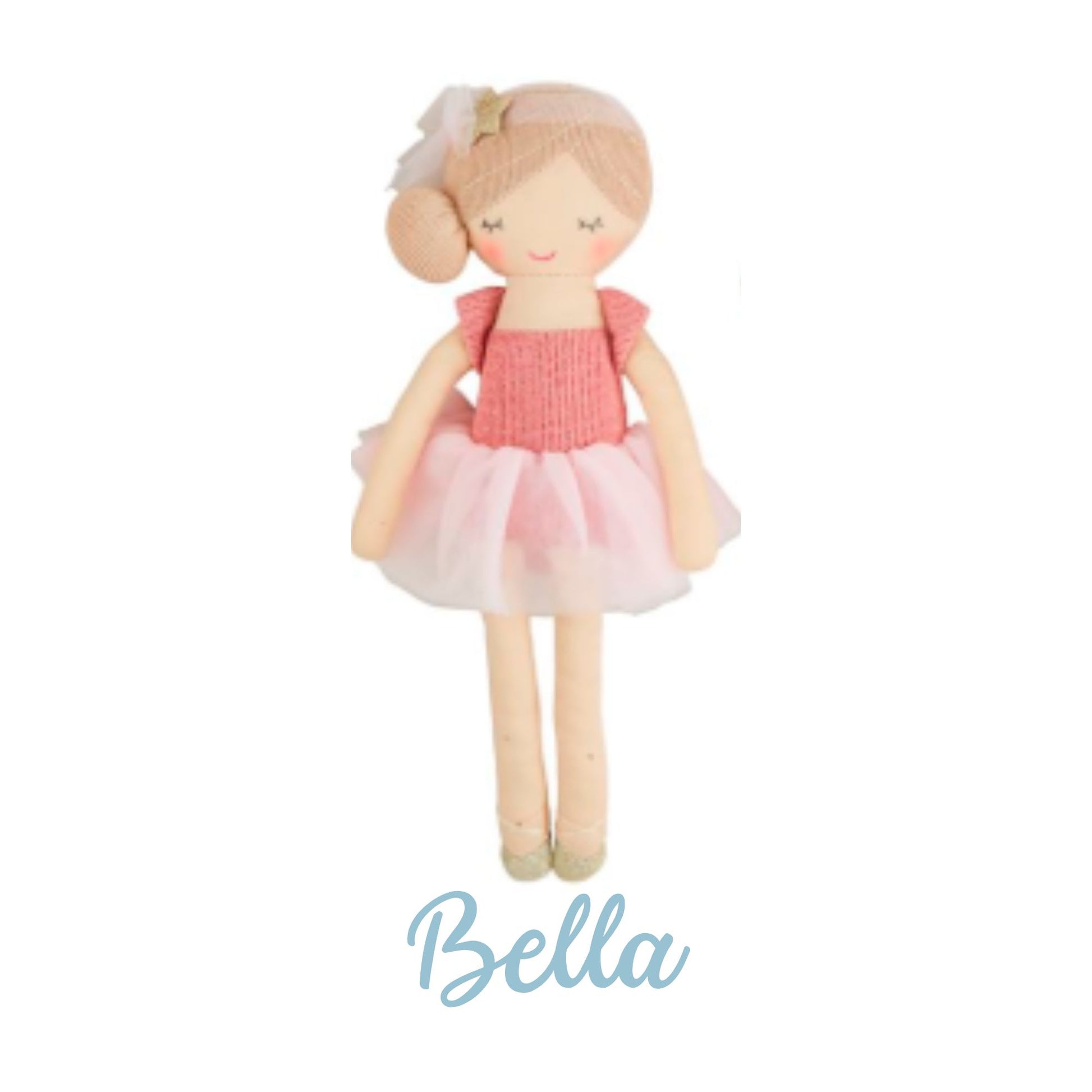Toy doll in a pink outfit with 'Bella' written below on a white background