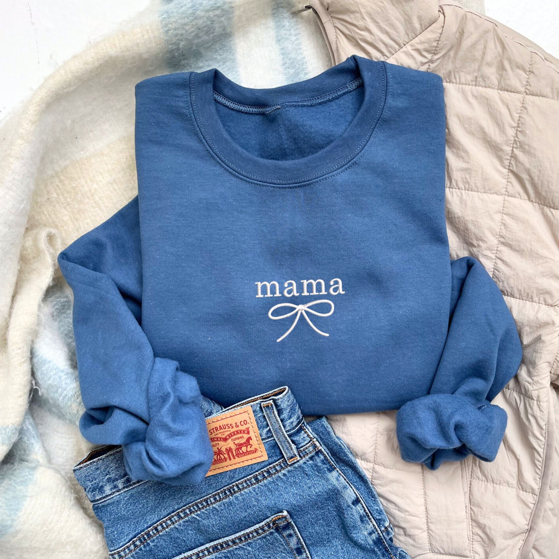 indigo crewneck with custom name/dainty bow embroidered design on the center chest