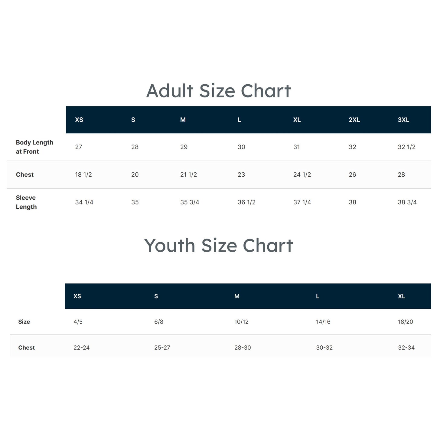Size chart for adults and youth on a white background