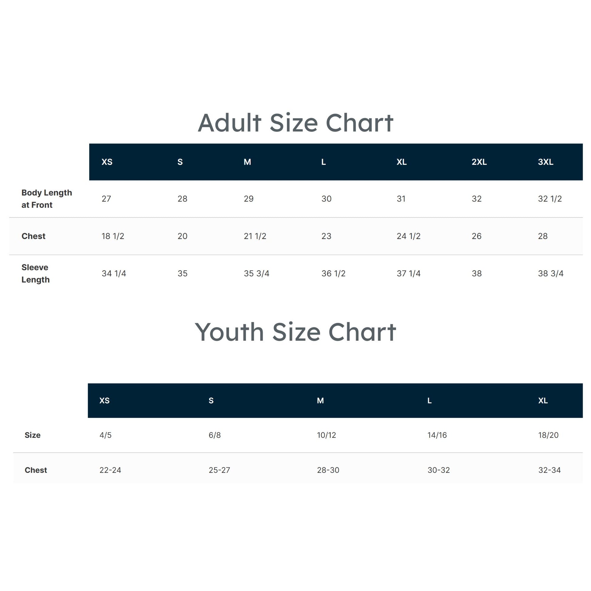 Size chart for adults and youth on a white background