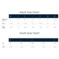 Size chart for adults and youth on a white background