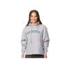 Woman wearing a gray hoodie with 'St. Pius X' text on a white background