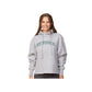 Woman wearing a gray hoodie with 'St. Pius X' text on a white background