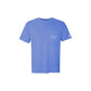 Blue t-shirt with a pocket and branding on a white background