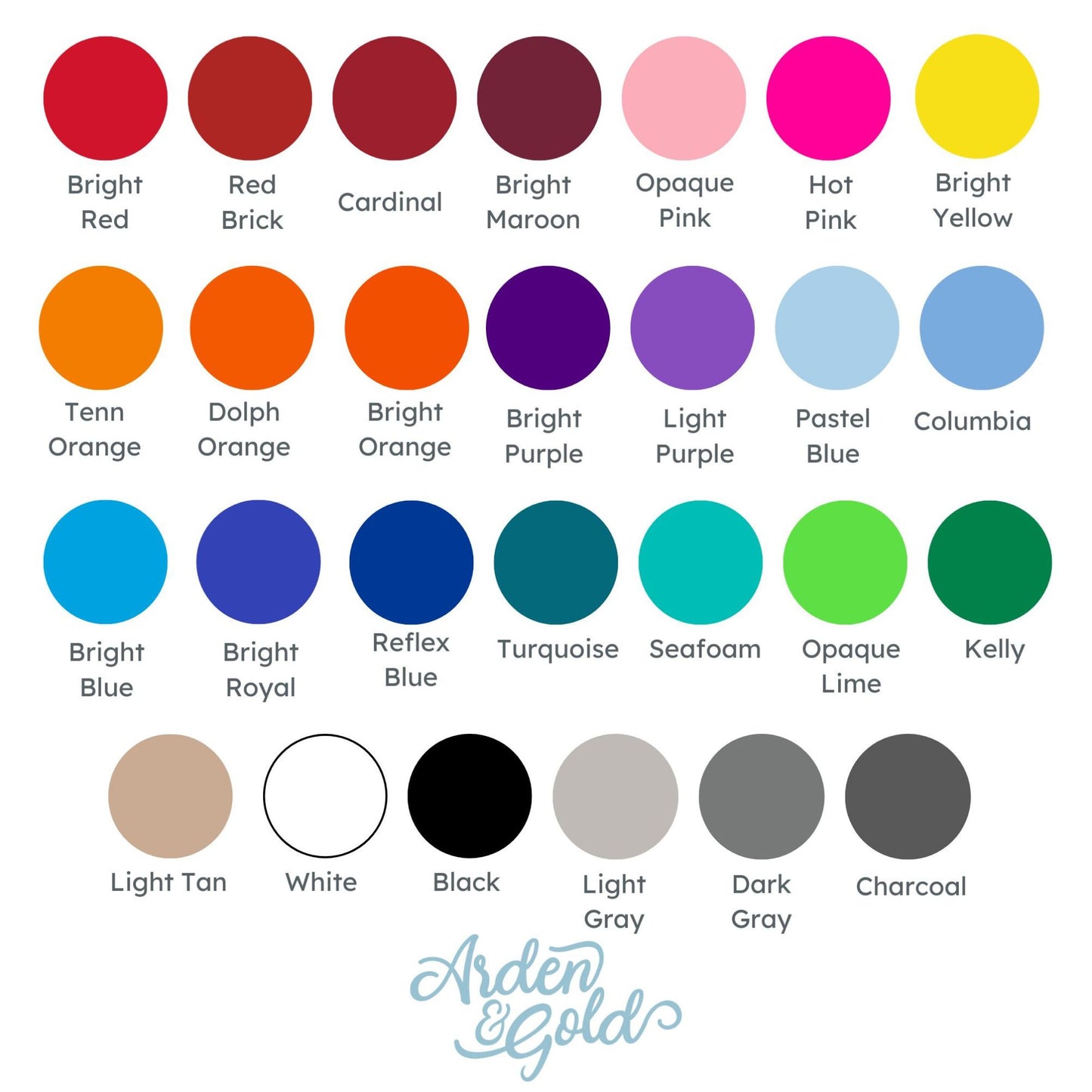 Color swatch chart with various colors and Arden & Gold branding.