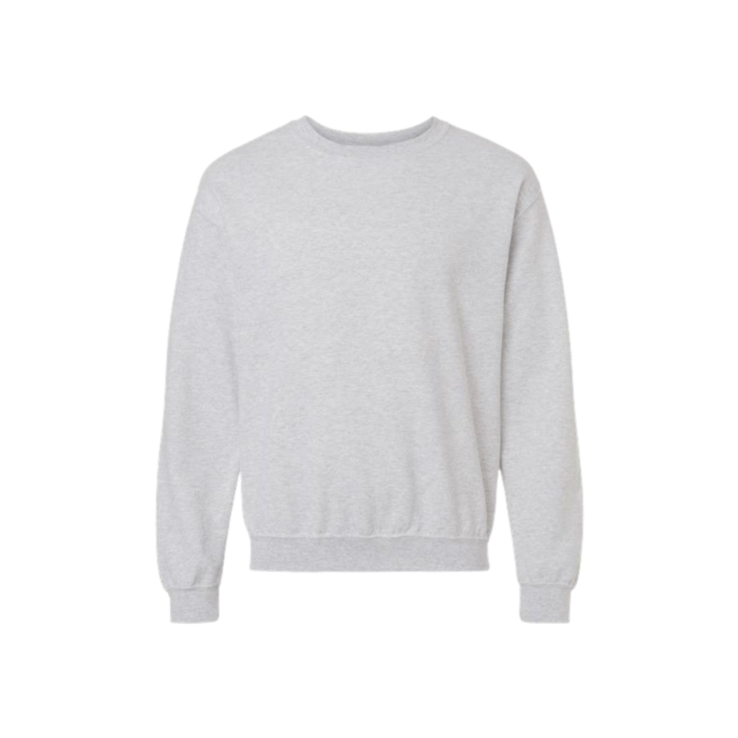 A light gray heather crewneck sweatshirt with long sleeves and ribbed cuffs and hem, shown flat against a plain white background.