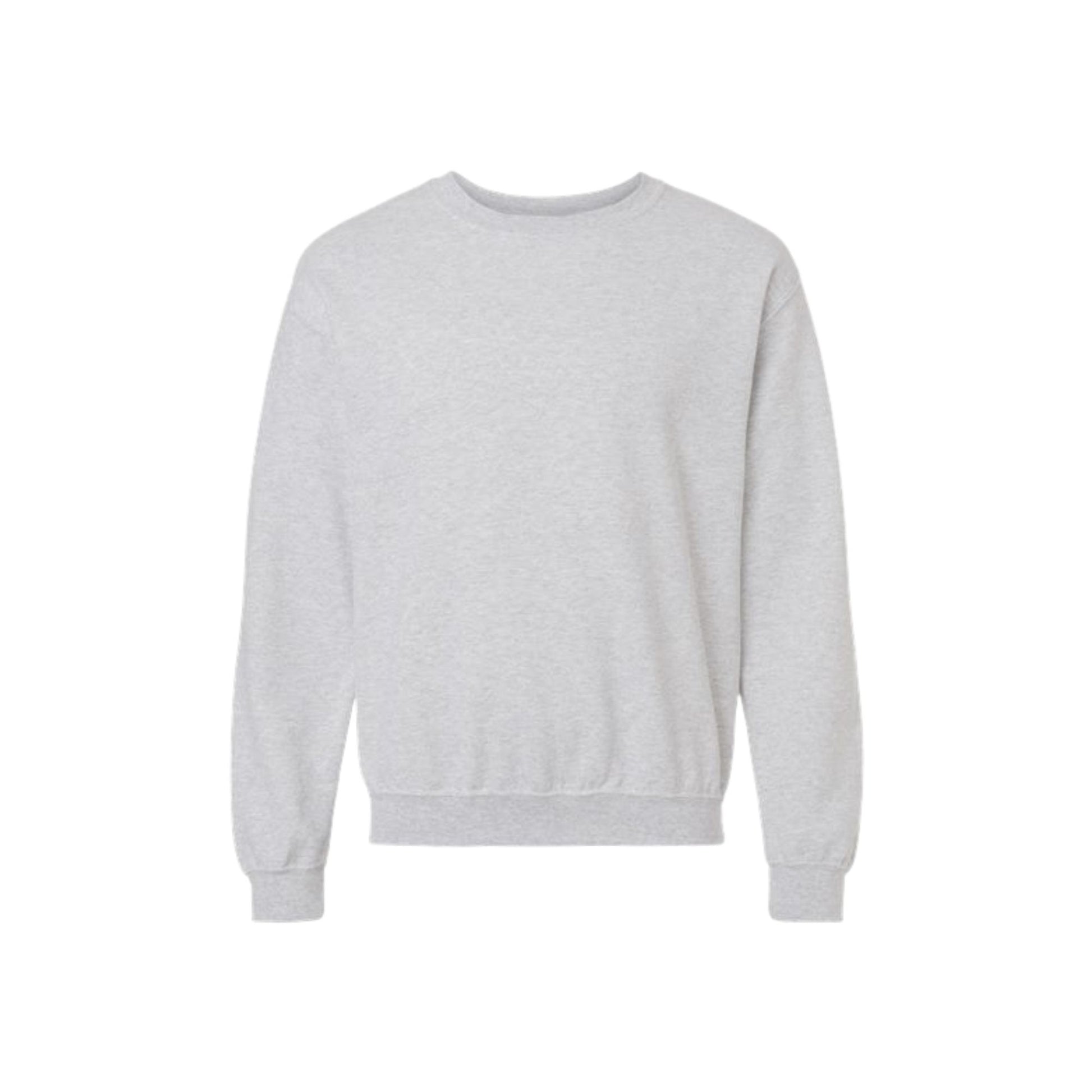 A light gray heather crewneck sweatshirt with long sleeves and ribbed cuffs and hem, shown flat against a plain white background.