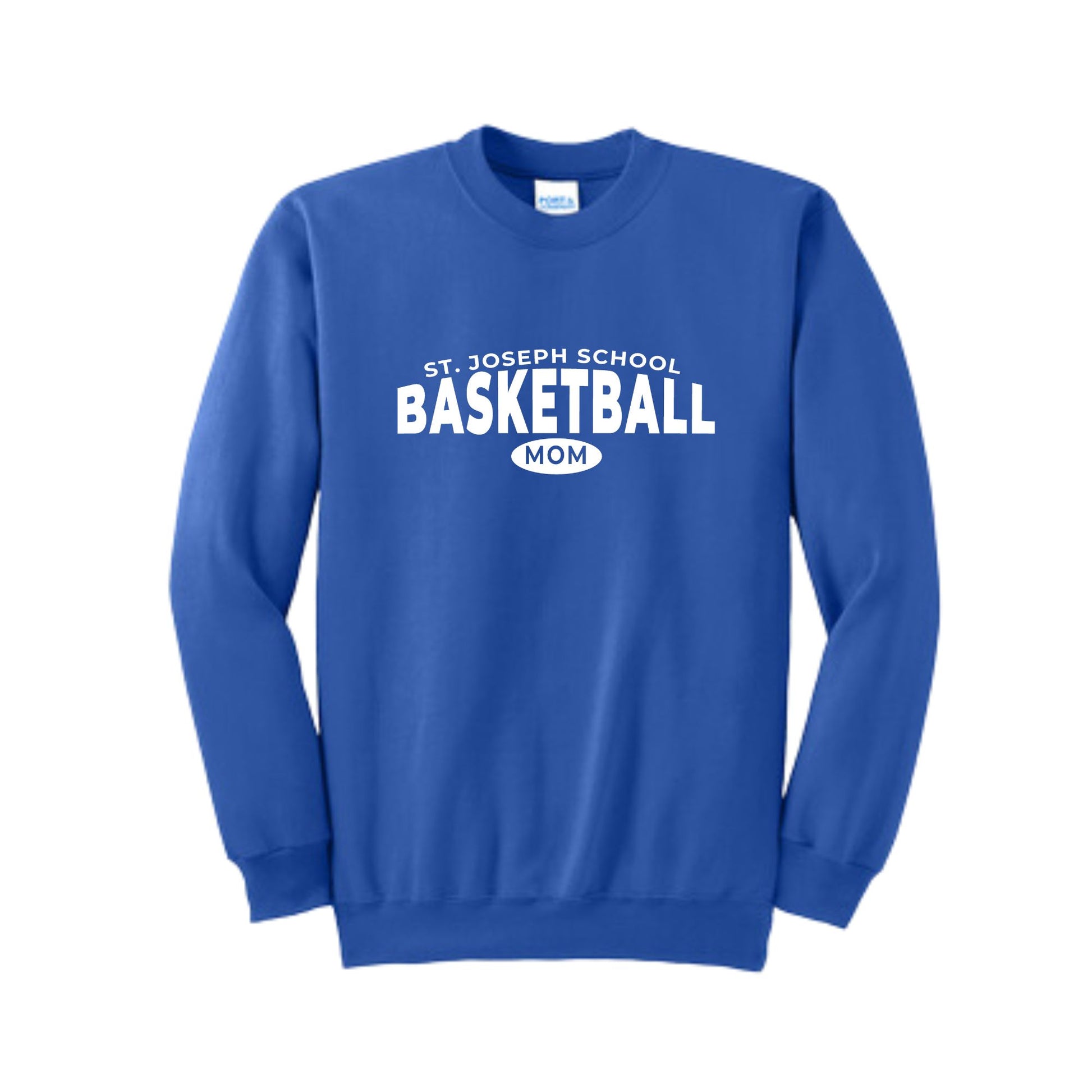 royal crewneck sweatshirt with a white st. joseph school basketball mom print