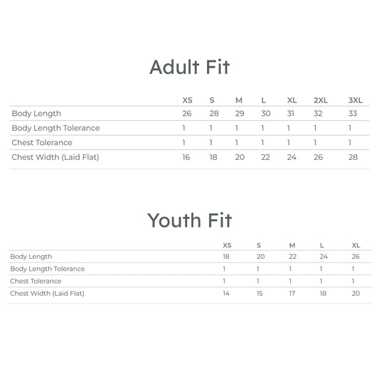 Measurement chart for adult and youth fits with body length, chest width, and tolerance details.