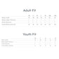 Measurement chart for adult and youth fits with body length, chest width, and tolerance details.