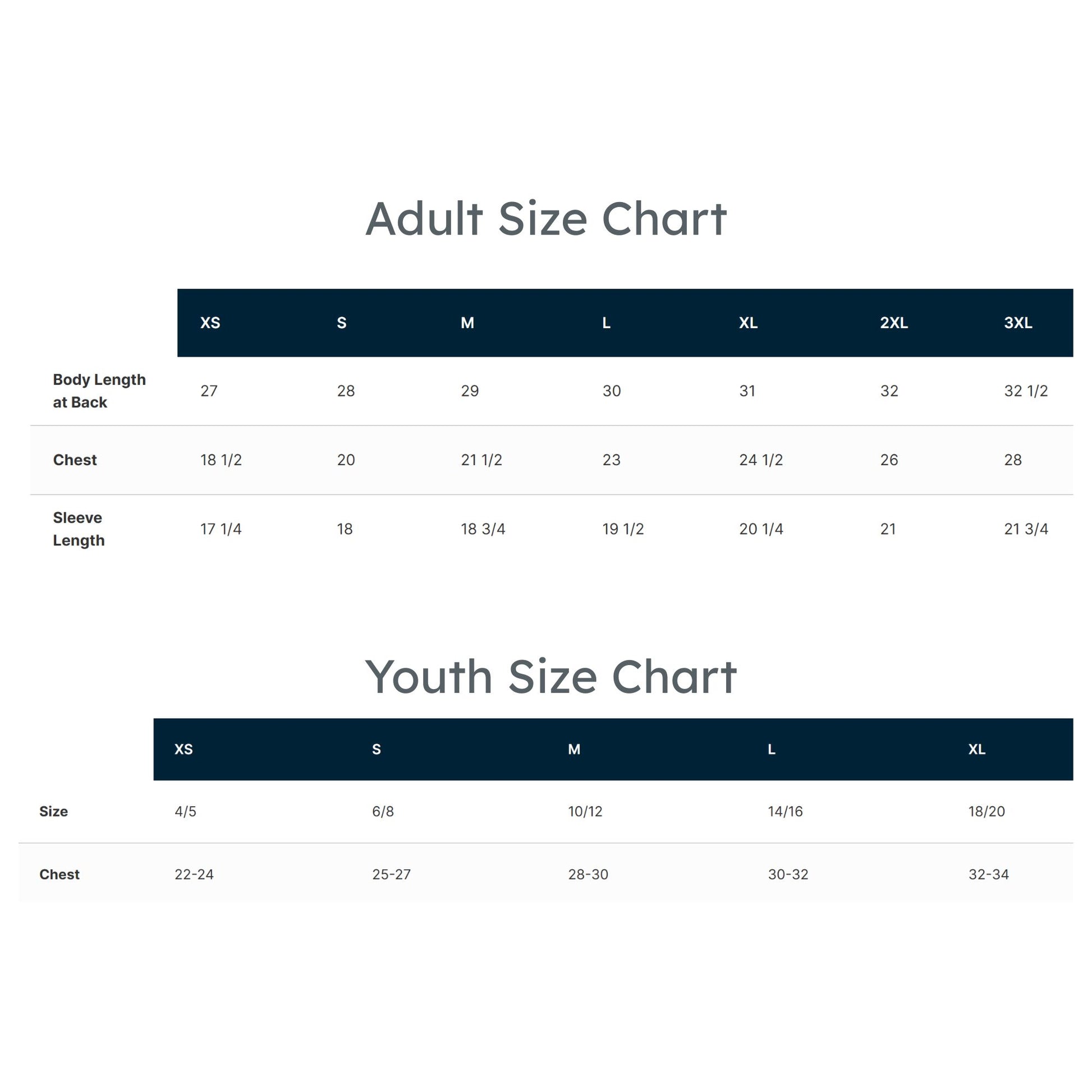 adult and youth size charts
