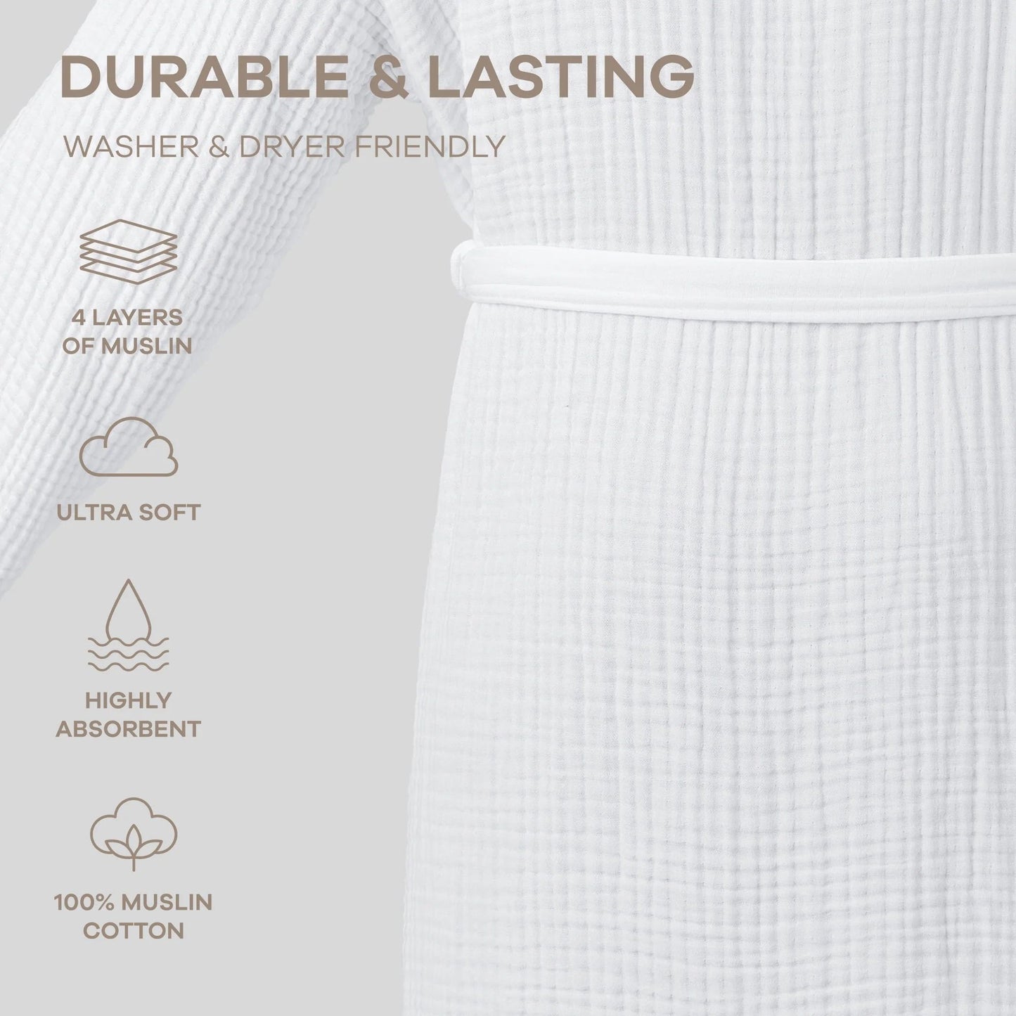 White muslin cloth with durability and care instructions on a light gray background