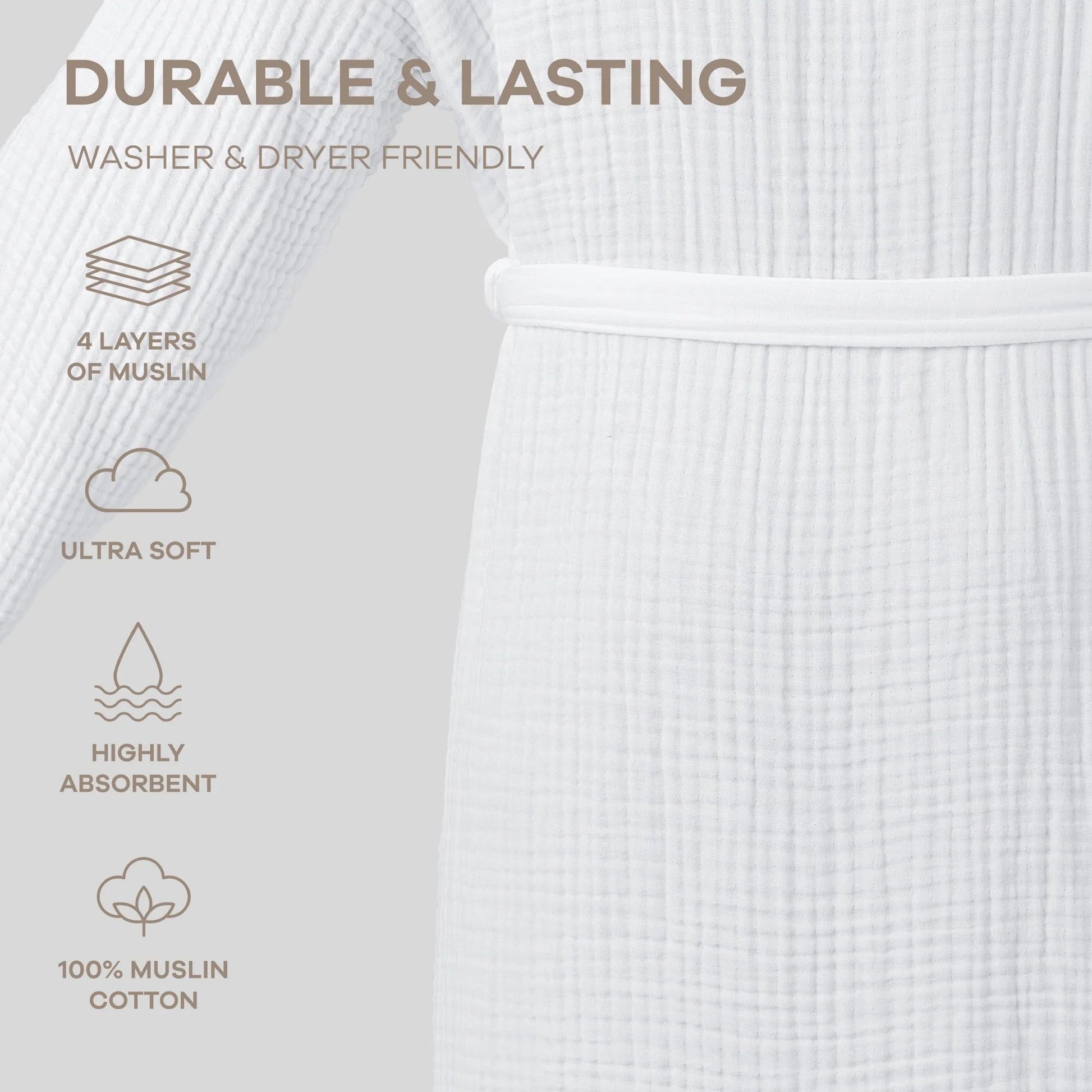 White muslin cloth with durability and care instructions on a light gray background