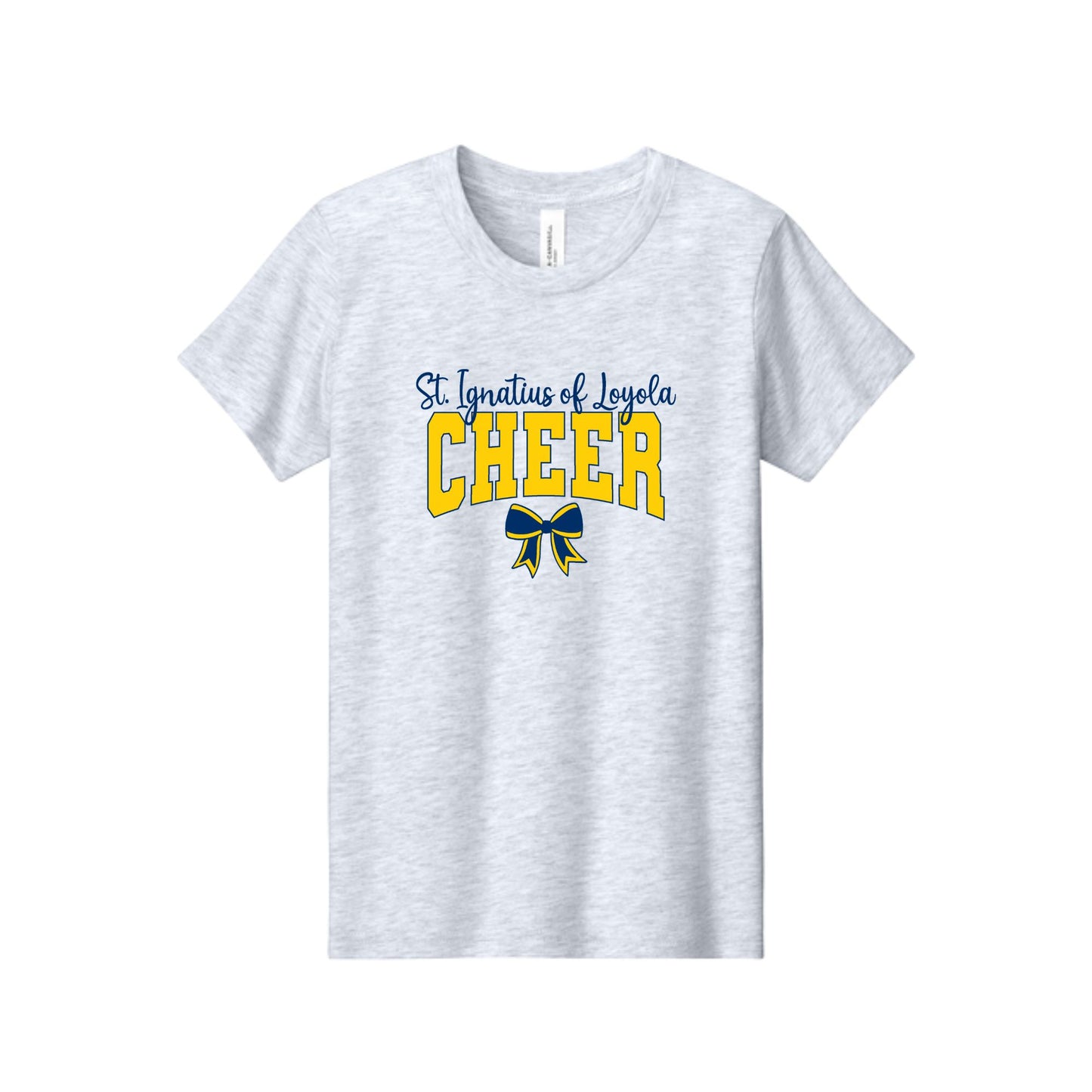 A light heather gray short-sleeve t-shirt with a graphic on the chest reading 'St. Ignatius of Loyola CHEER' in blue and yellow, featuring a blue and yellow ribbon bow below.