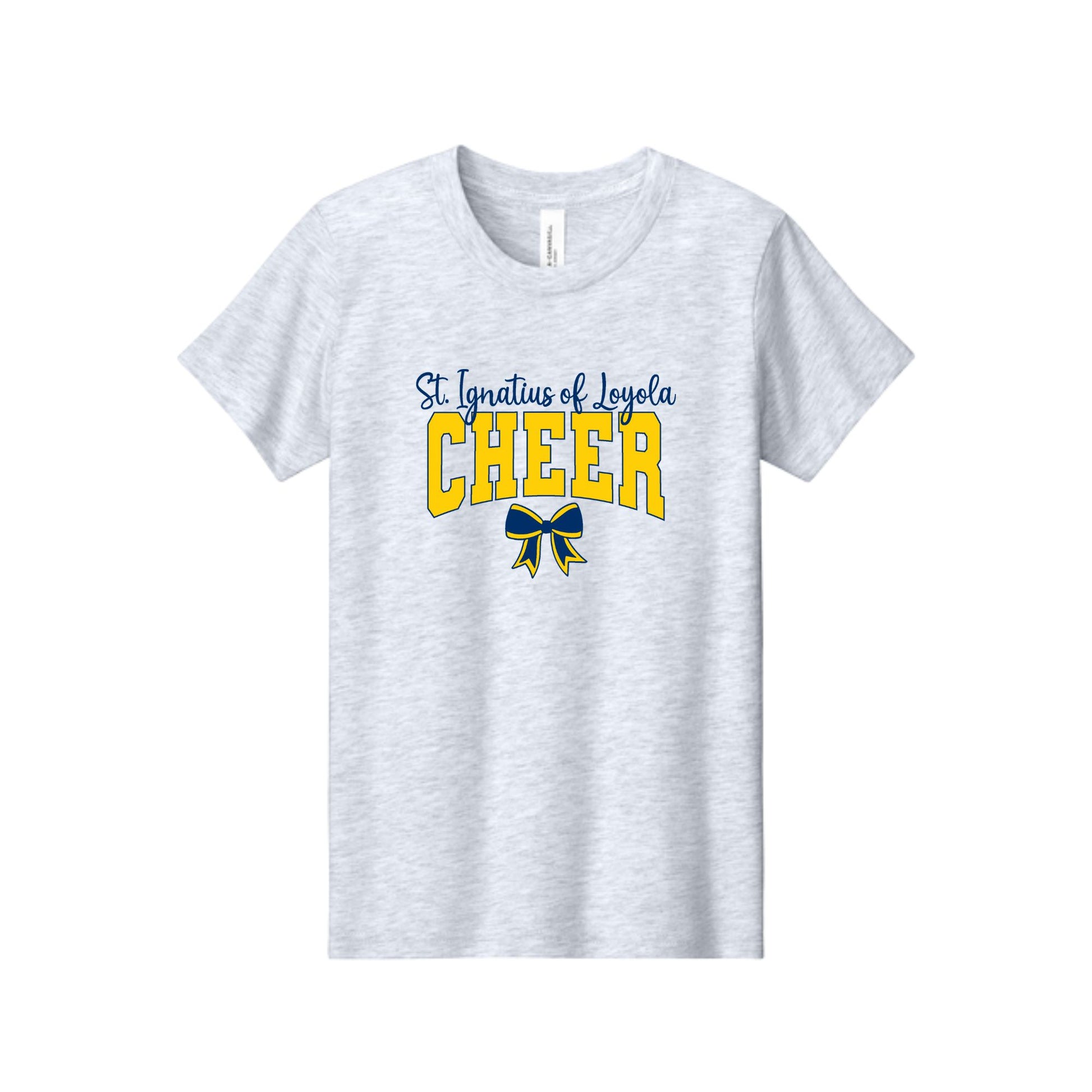 A light heather gray short-sleeve t-shirt with a graphic on the chest reading 'St. Ignatius of Loyola CHEER' in blue and yellow, featuring a blue and yellow ribbon bow below.