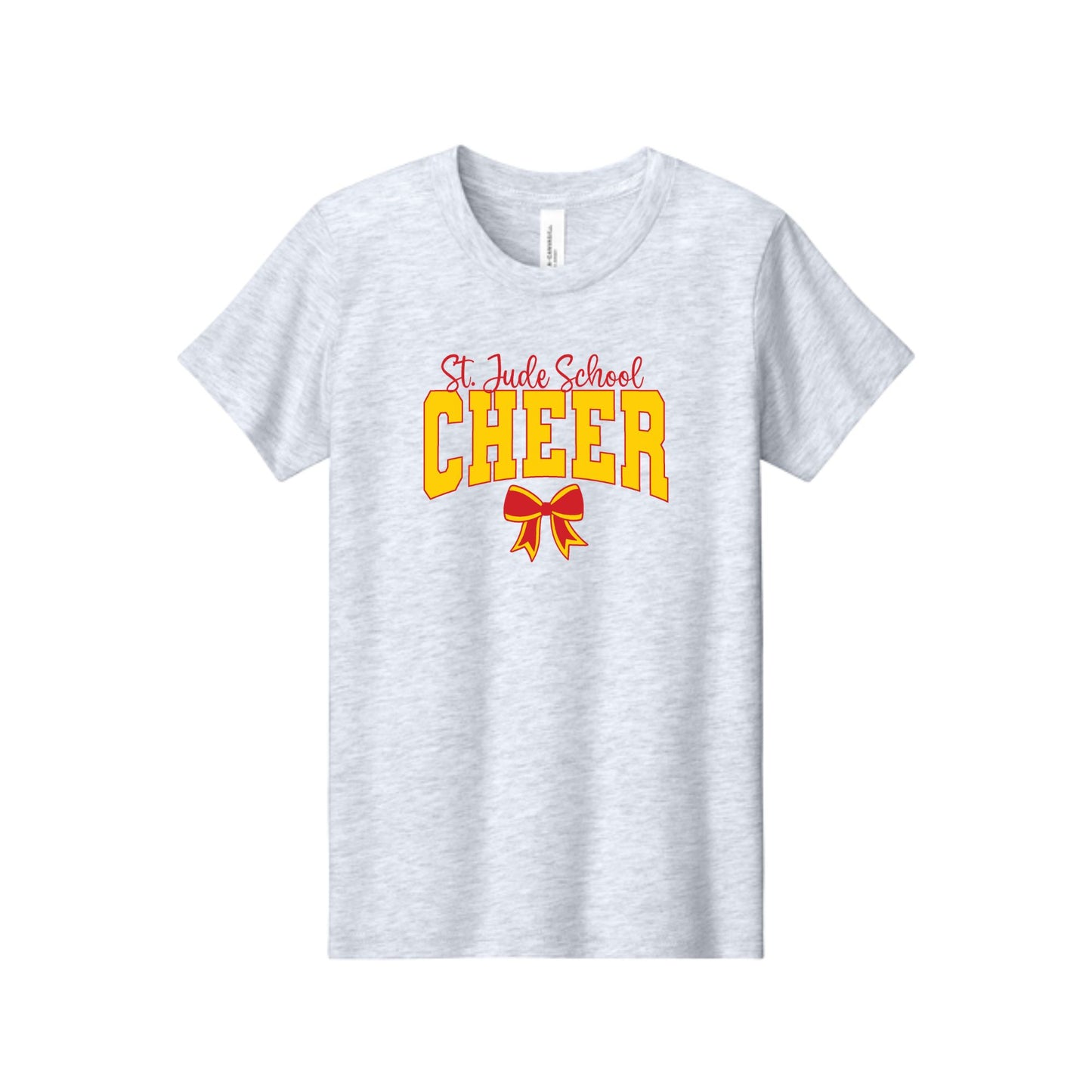 A light heather gray short-sleeve t-shirt with a graphic on the chest reading 'St. Jude School CHEER' in red and yellow, with a red ribbon below, shown on a plain white background.