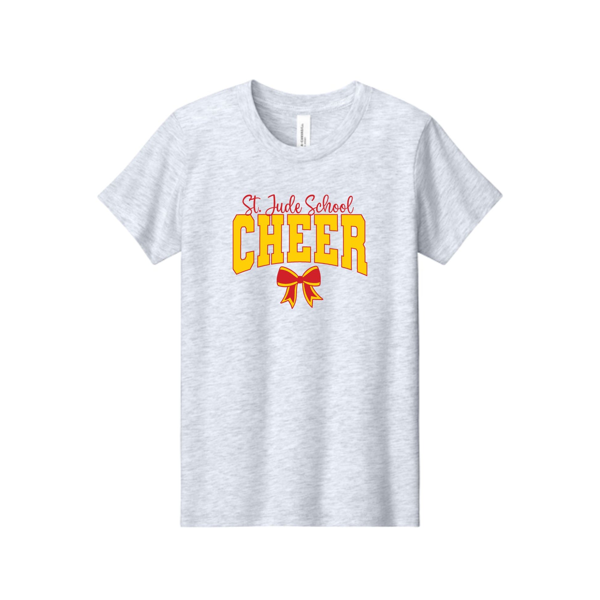 A light heather gray short-sleeve t-shirt with a graphic on the chest reading 'St. Jude School CHEER' in red and yellow, with a red ribbon below, shown on a plain white background.