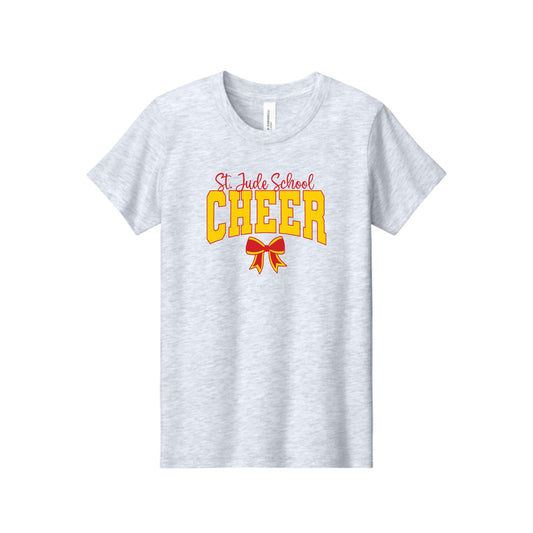 A light heather gray short-sleeve t-shirt with a graphic on the chest reading 'St. Jude School CHEER' in red and yellow, with a red ribbon below, shown on a plain white background.