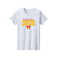 A light heather gray short-sleeve t-shirt with a graphic on the chest reading 'St. Jude School CHEER' in red and yellow, with a red ribbon below, shown on a plain white background.
