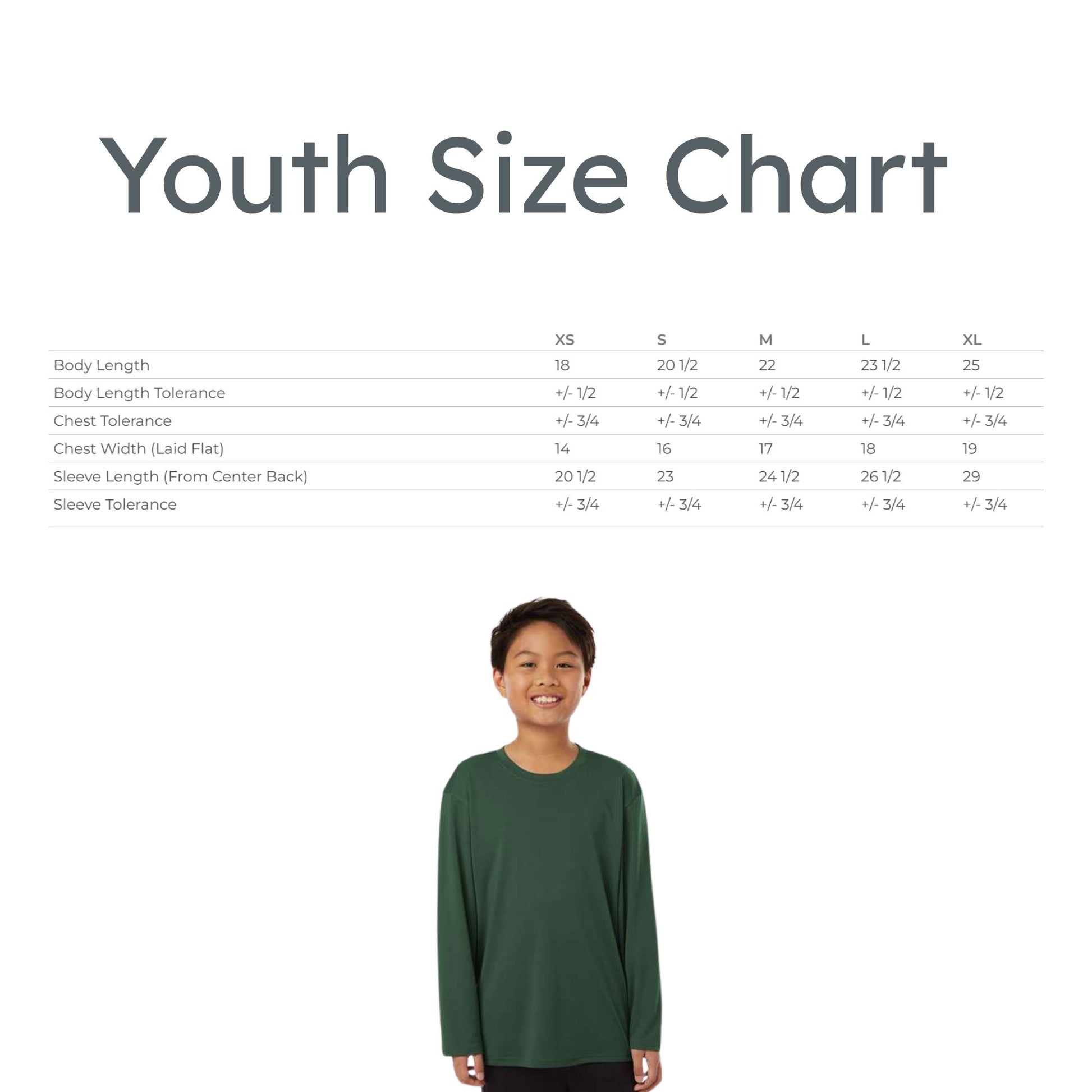 Youth size chart with a model wearing a green shirt on a white background