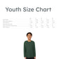 Youth size chart with a model wearing a green shirt on a white background