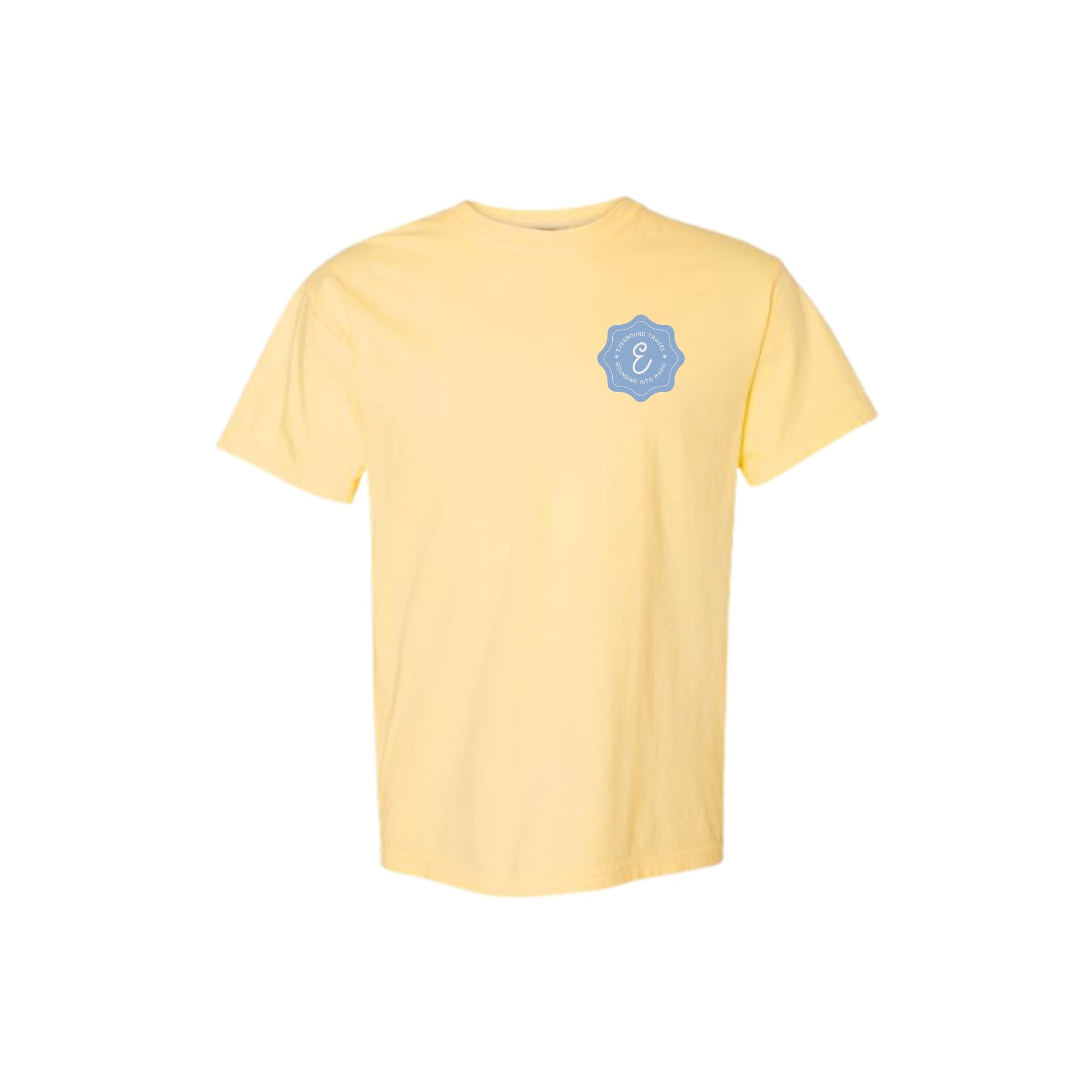 Yellow t-shirt with a blue logo on the chest against a white background