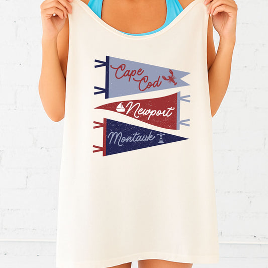Person holding a tank top with 'Cape Cod', 'Newport', and 'Montauk' designs on a white background