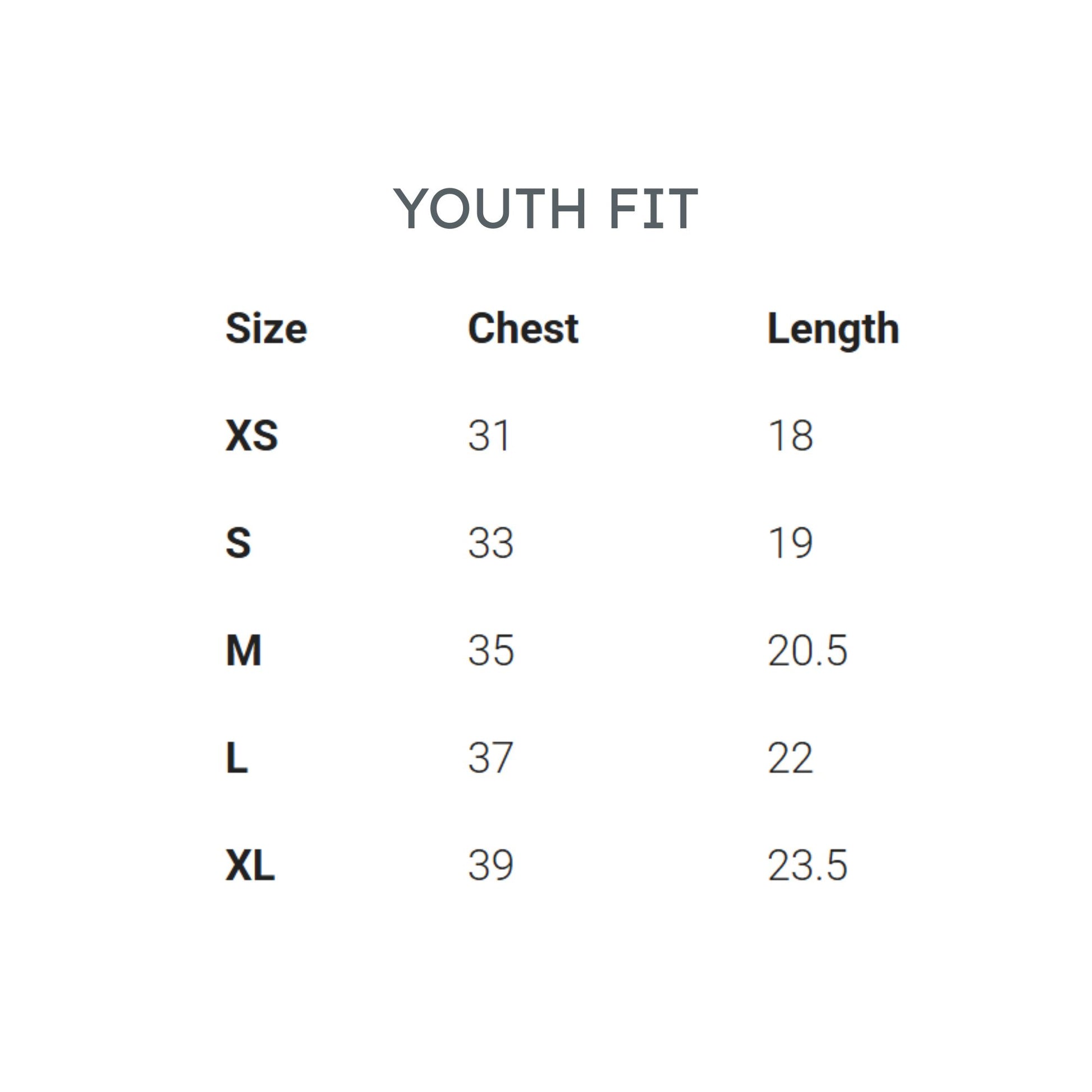 Size chart for youth fit clothing with chest and length measurements.