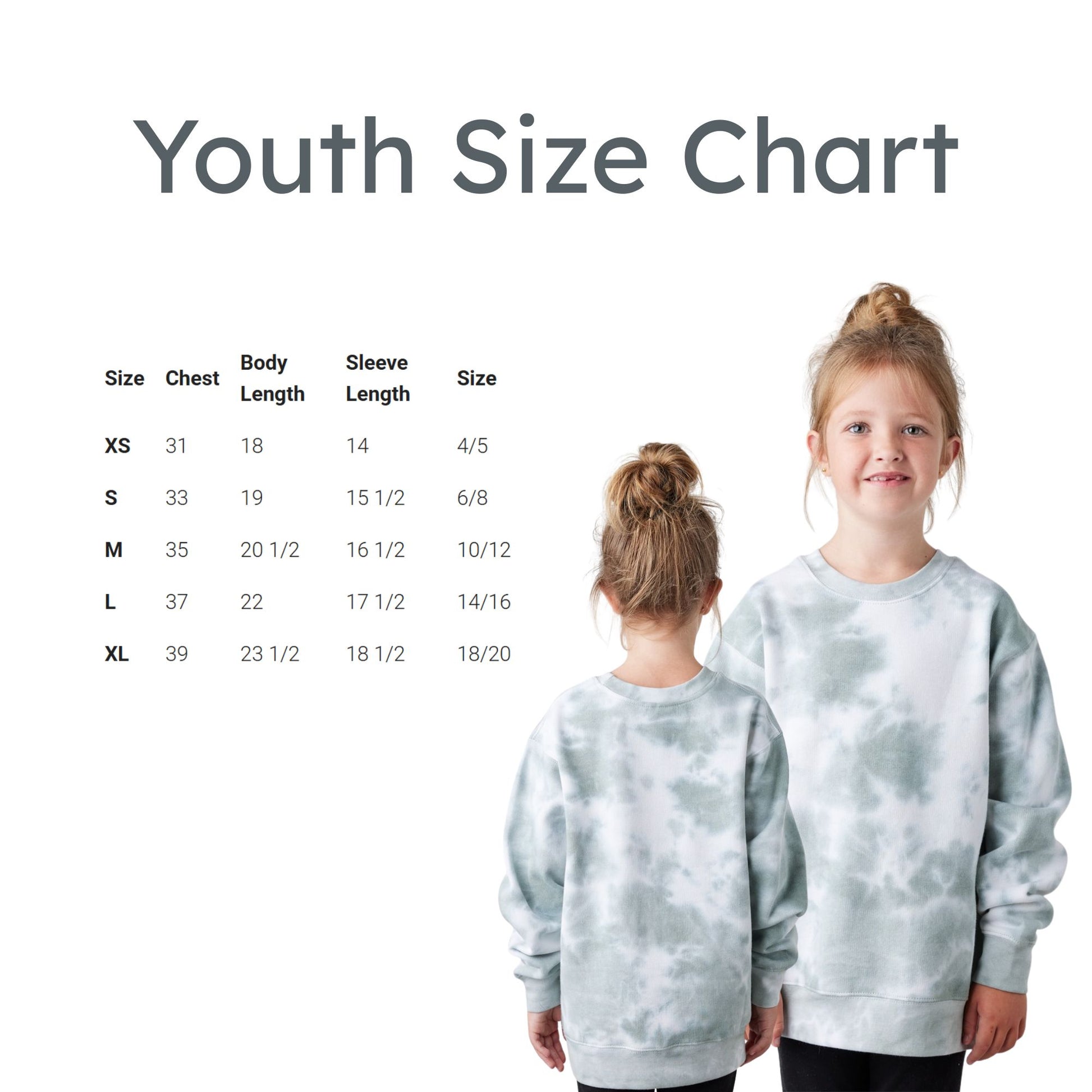 Size chart for youth clothing with two children wearing gray tie-dye sweatshirts.