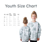 Size chart for youth clothing with two children wearing gray tie-dye sweatshirts.