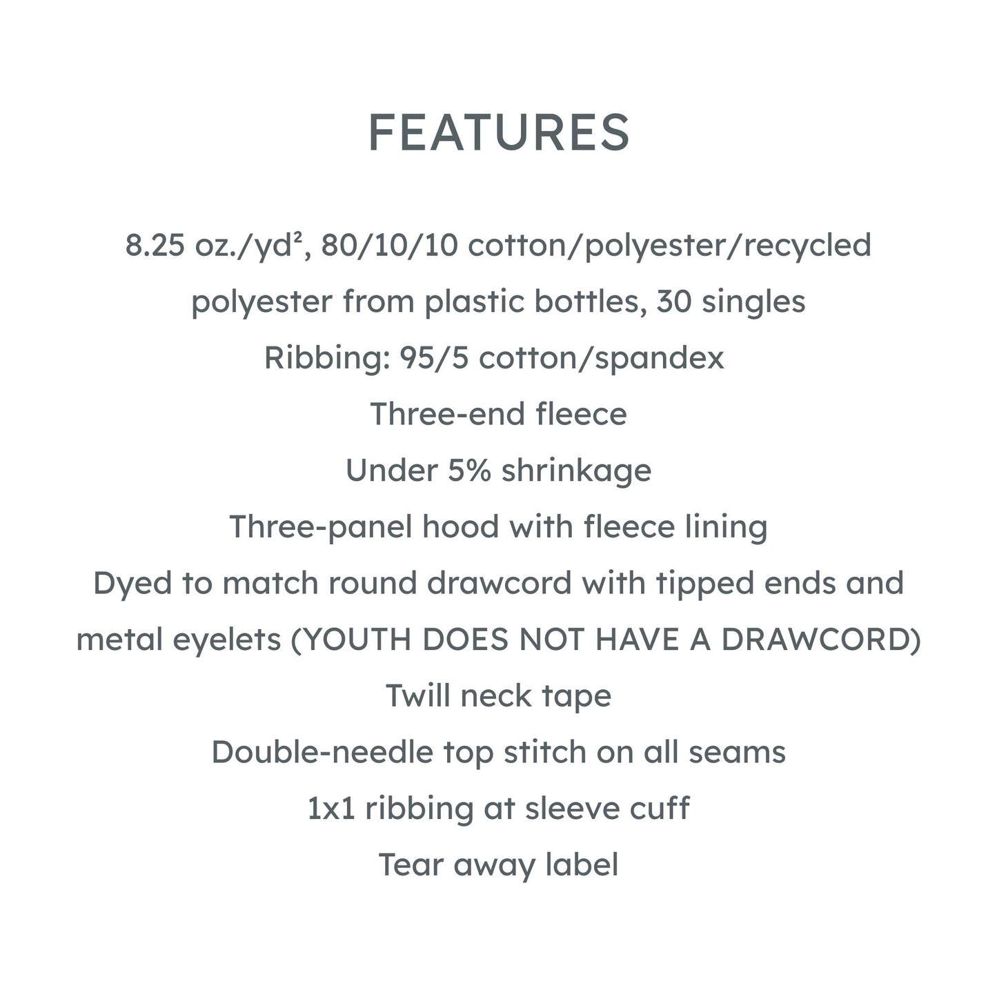 Text detailing fabric composition, features, and specifications on a white background