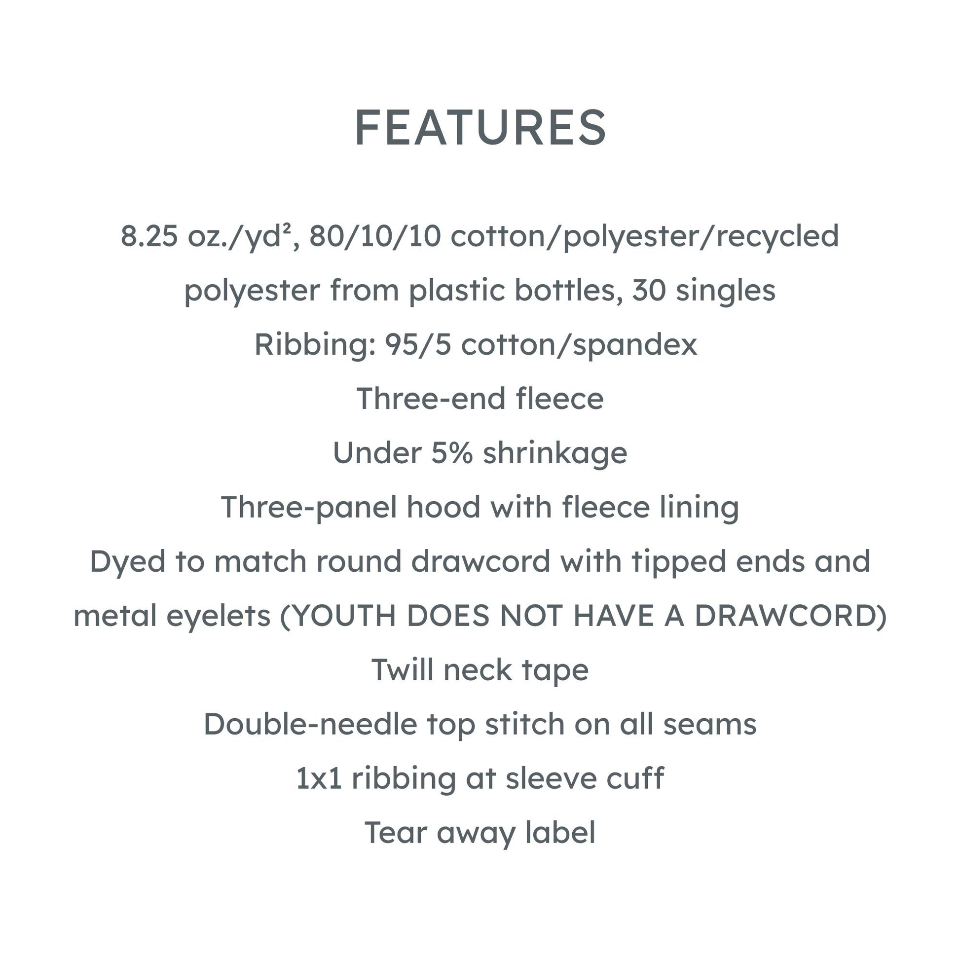 Text detailing fabric composition, features, and specifications on a white background