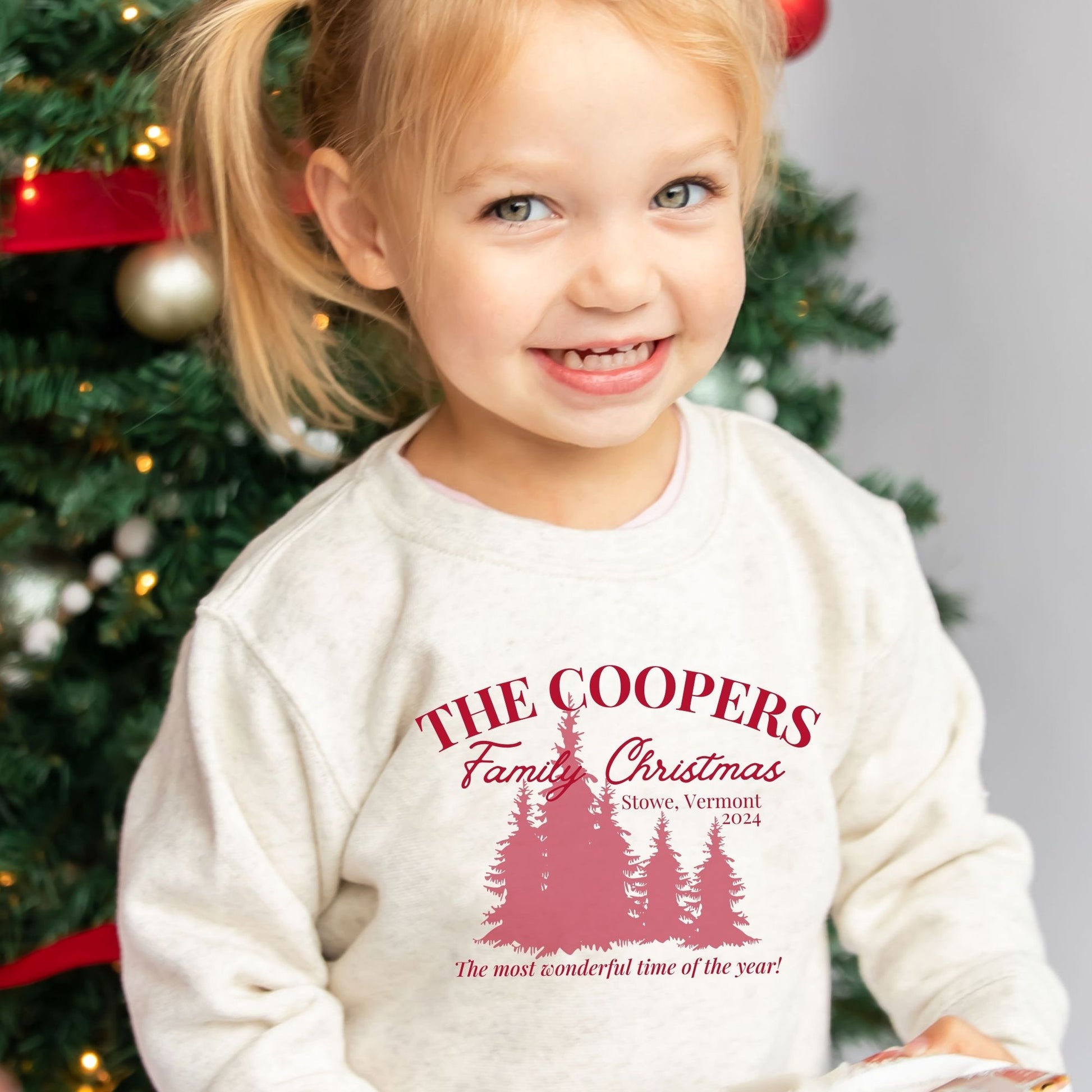 toddler  wearing a heather oatmeal youth sweatshirt with a custom christmas print featuring a family name, vacation location, year, trees, and a "The most wonderful time of the year!" quote in red ink